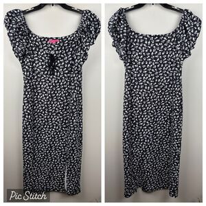 Betsey Johnson Maxi Dress Large Puff Short Sleeves Lace-up Slit Floral JM108674